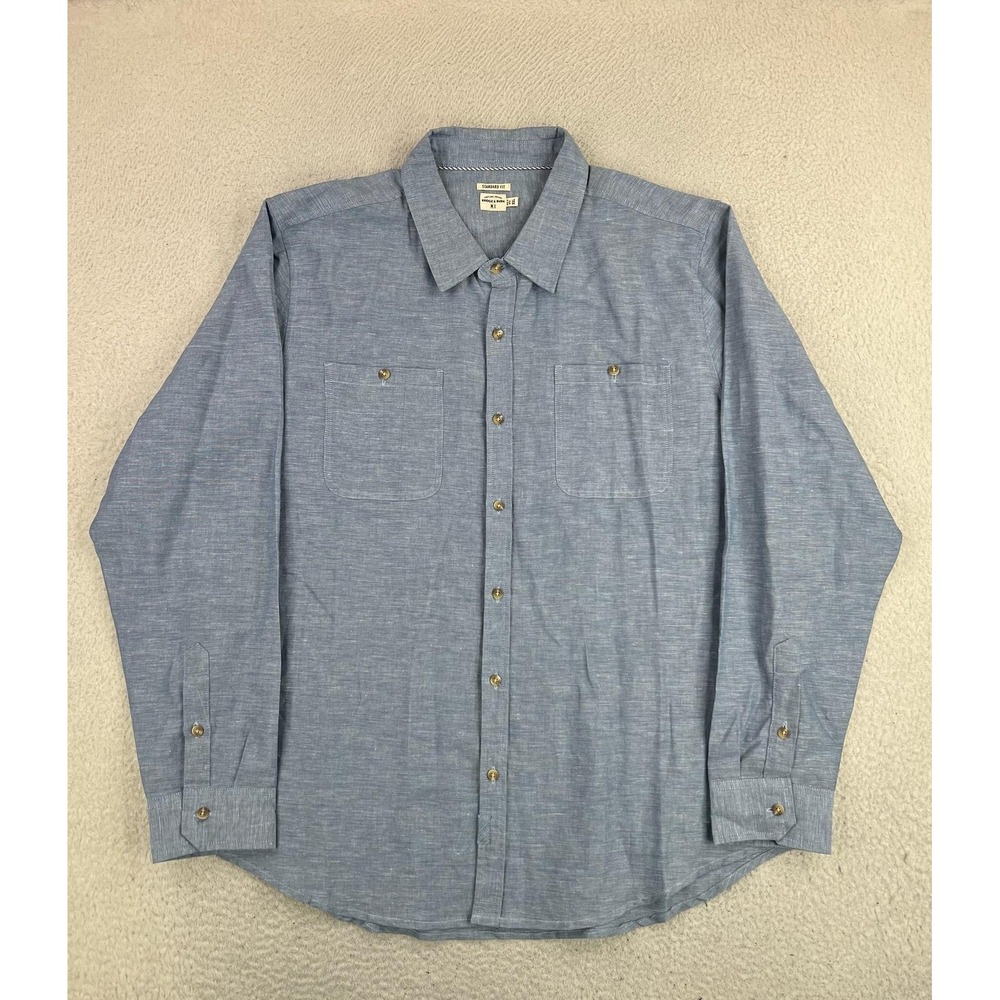Bridge & Burn Mens 2XL Blue Chambray Linen Cotton Button Up Shirt Long Sleeve
